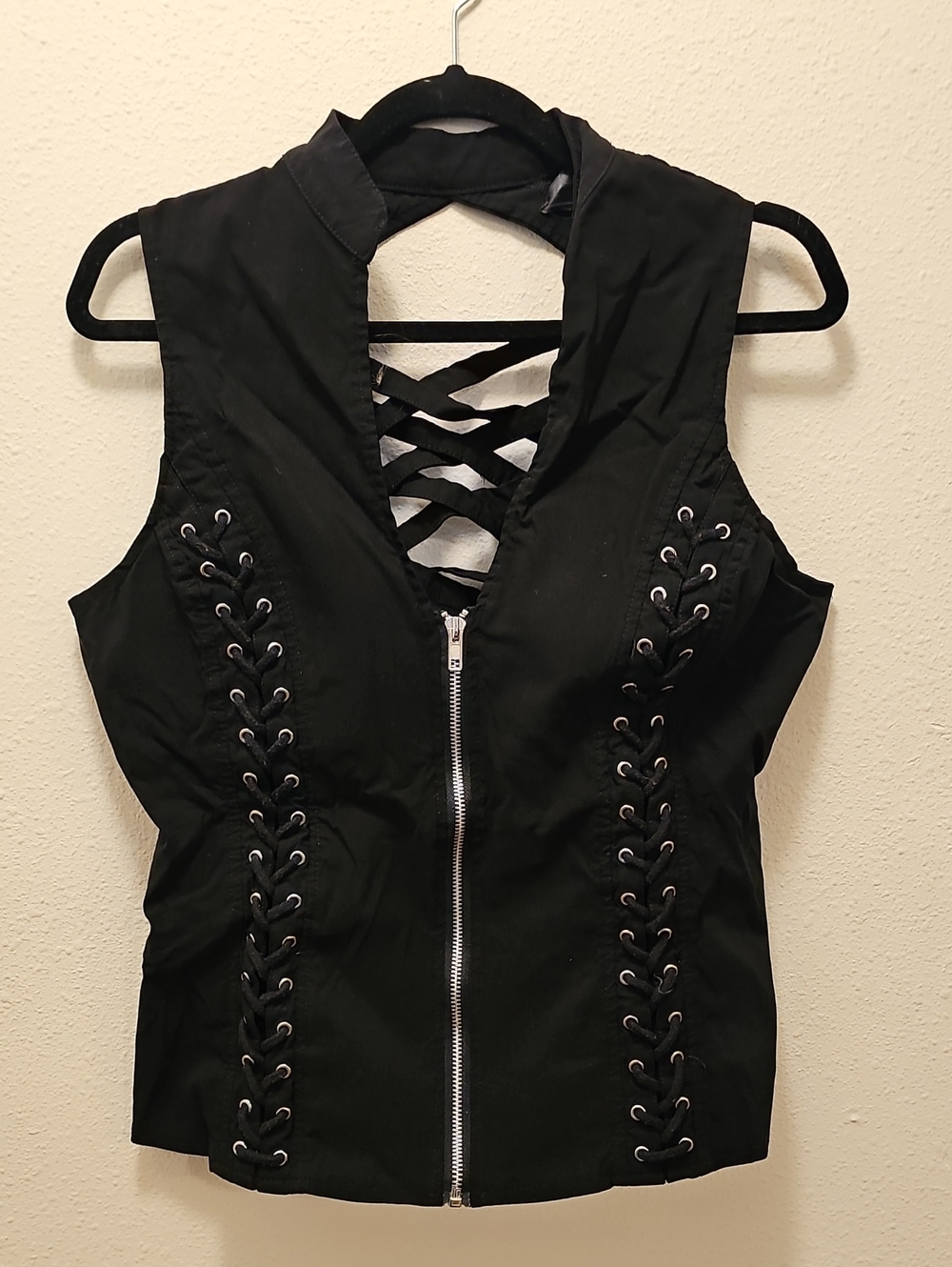 Black Lace-Up Front Zip Women's Top